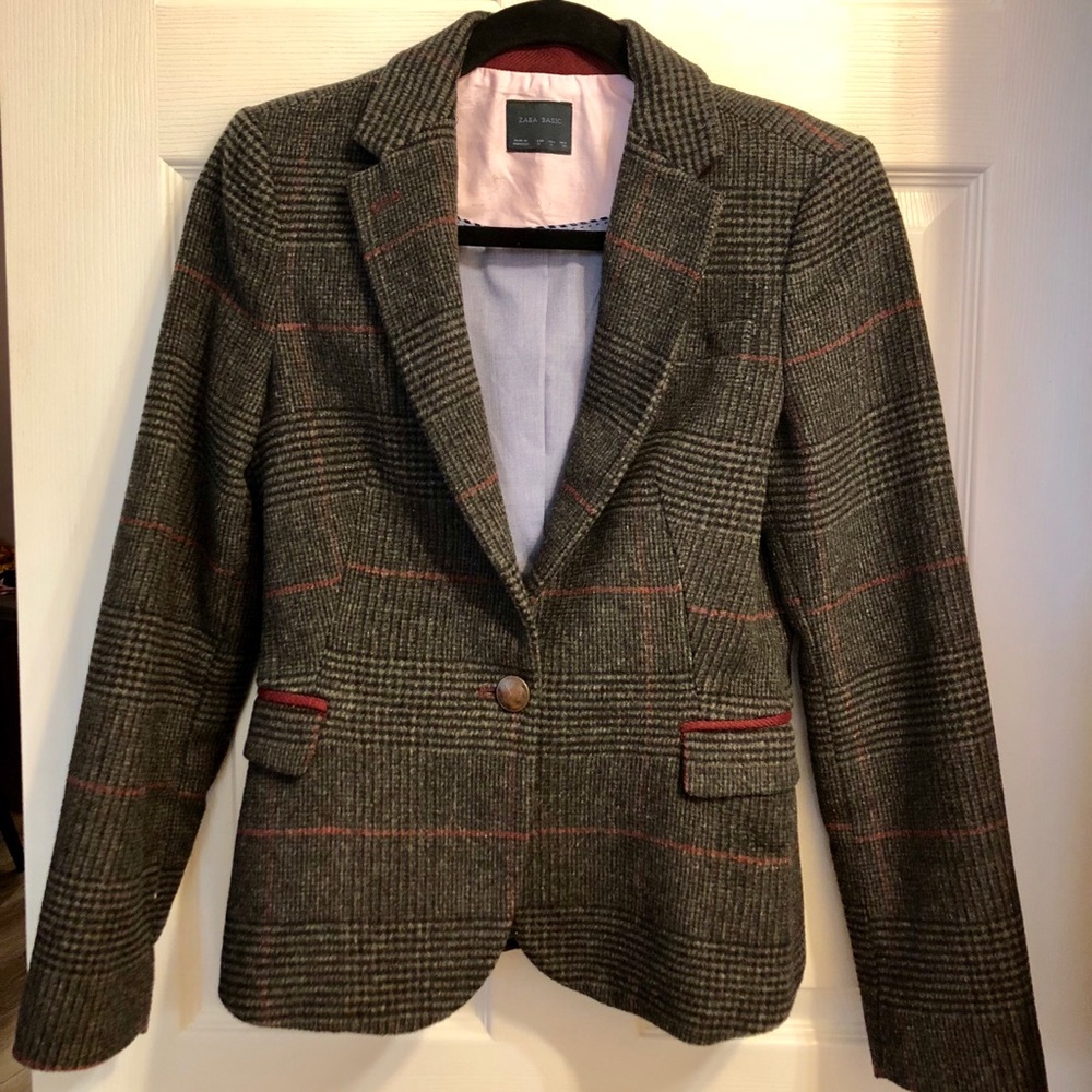 Zara vintage checked wool blazer with elbow patch